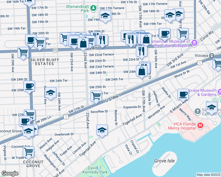 map of restaurants, bars, coffee shops, grocery stores, and more near 2440 Southwest 19th Avenue in Miami