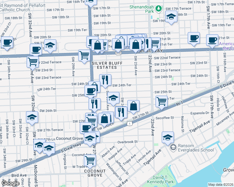 map of restaurants, bars, coffee shops, grocery stores, and more near 2446 Southwest 24th Terrace in Miami