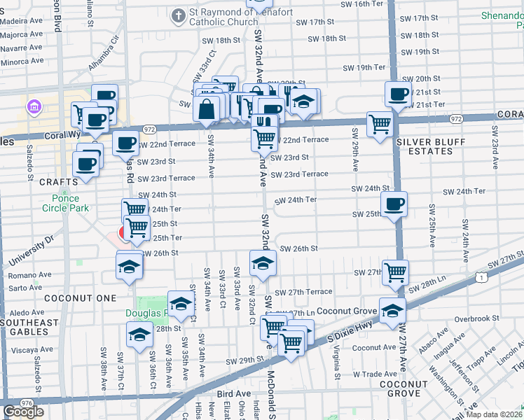 map of restaurants, bars, coffee shops, grocery stores, and more near 3234 Southwest 24th Street in Miami