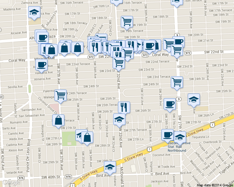 map of restaurants, bars, coffee shops, grocery stores, and more near 3234 Southwest 24th Street in Miami