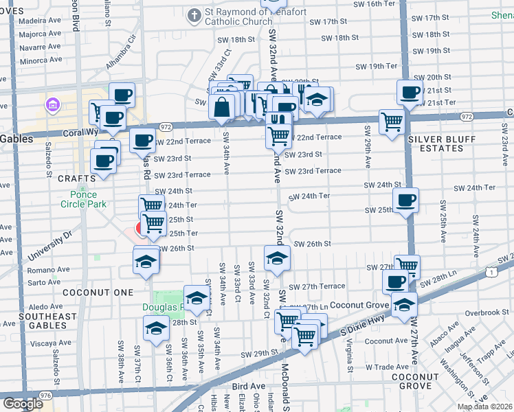 map of restaurants, bars, coffee shops, grocery stores, and more near 3234 Southwest 24th Street in Miami