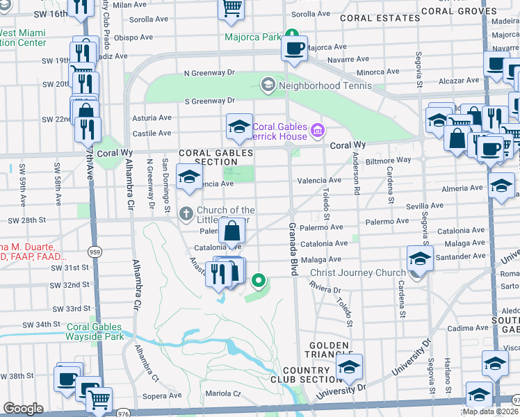 map of restaurants, bars, coffee shops, grocery stores, and more near 1046 Almeria Avenue in Coral Gables