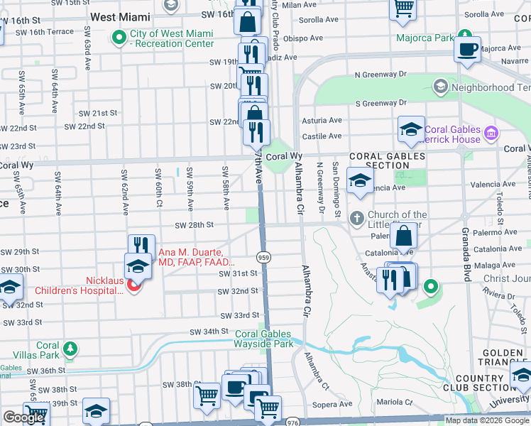 map of restaurants, bars, coffee shops, grocery stores, and more near 2616 Red Road in Miami
