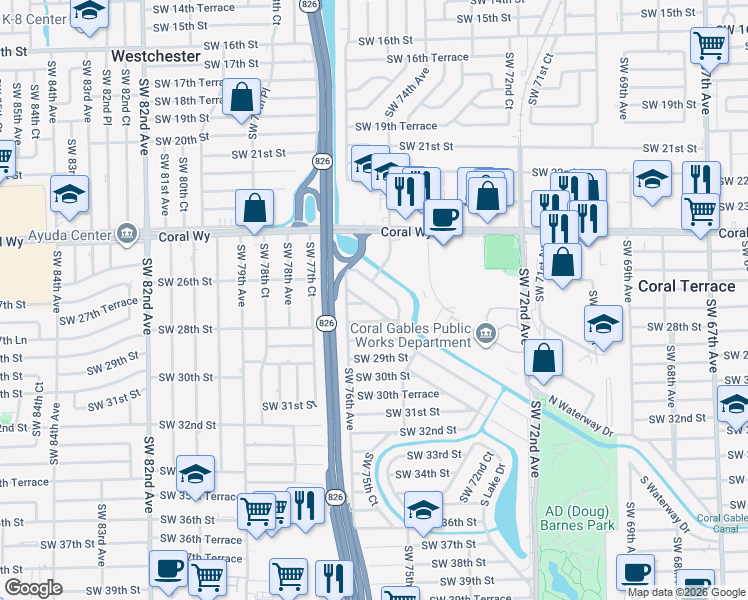 map of restaurants, bars, coffee shops, grocery stores, and more near 7495 South Waterway Drive in Miami