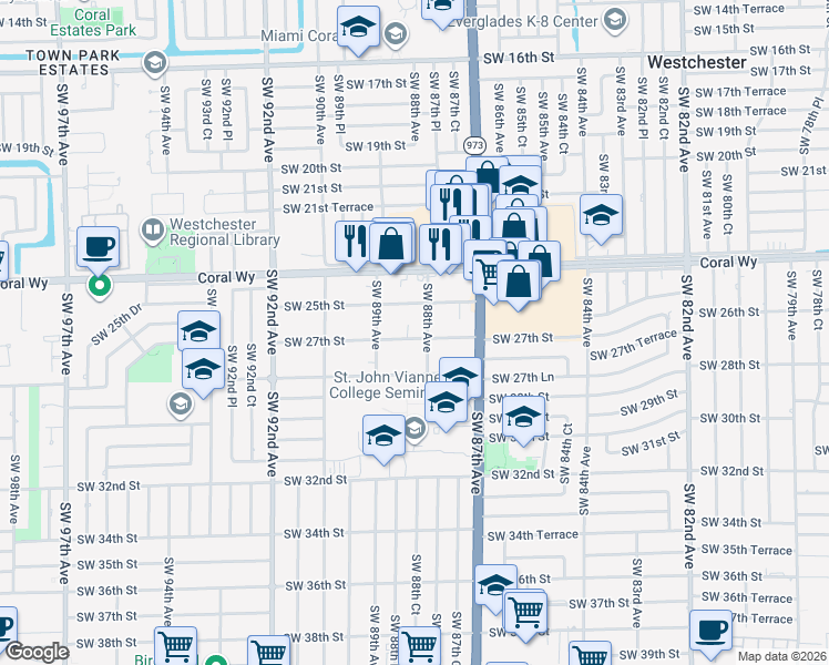 map of restaurants, bars, coffee shops, grocery stores, and more near 8838 Southwest 25th Street in Miami