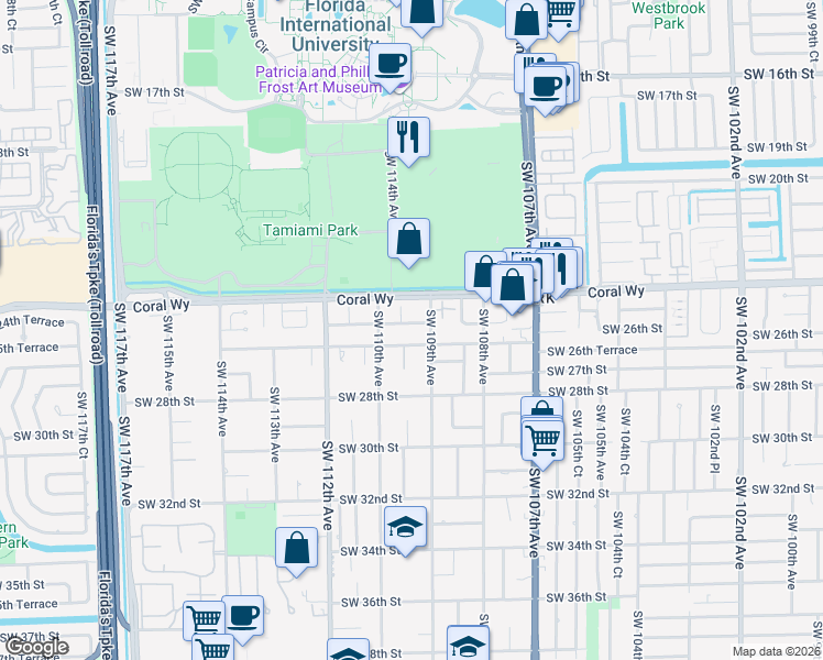map of restaurants, bars, coffee shops, grocery stores, and more near 2436 Southwest 109th Court in Miami