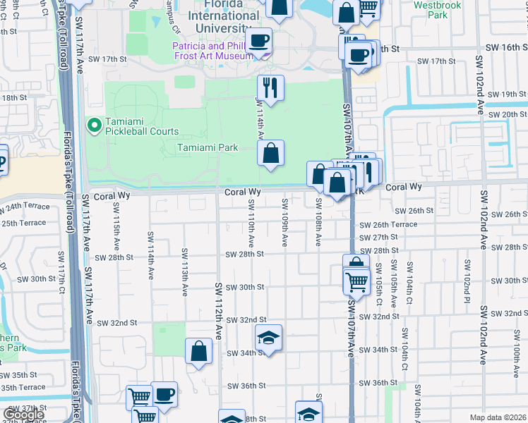 map of restaurants, bars, coffee shops, grocery stores, and more near 2436 Southwest 109th Court in Miami