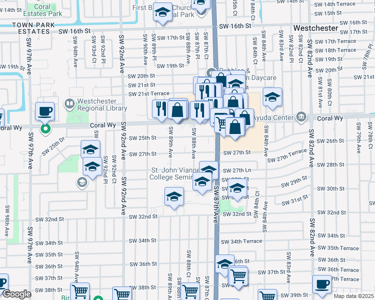 map of restaurants, bars, coffee shops, grocery stores, and more near 8838 Southwest 25th Street in Miami