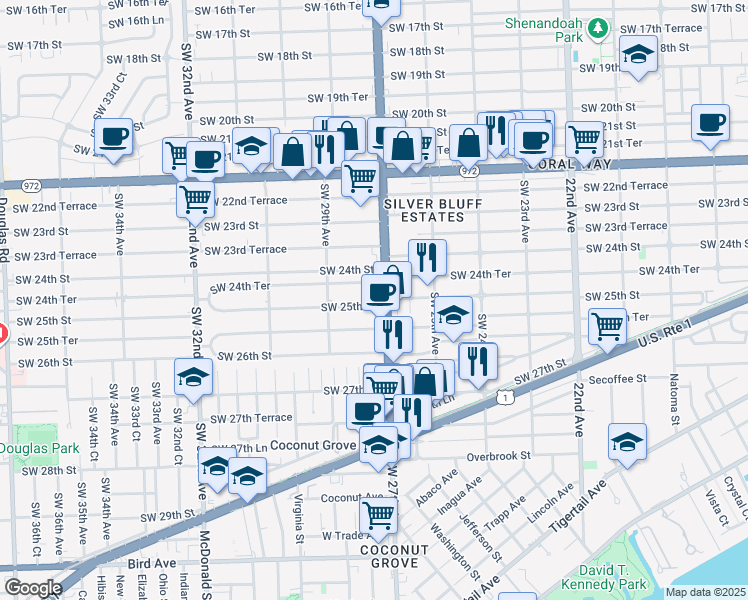map of restaurants, bars, coffee shops, grocery stores, and more near 2455 Southwest 27th Avenue in Miami