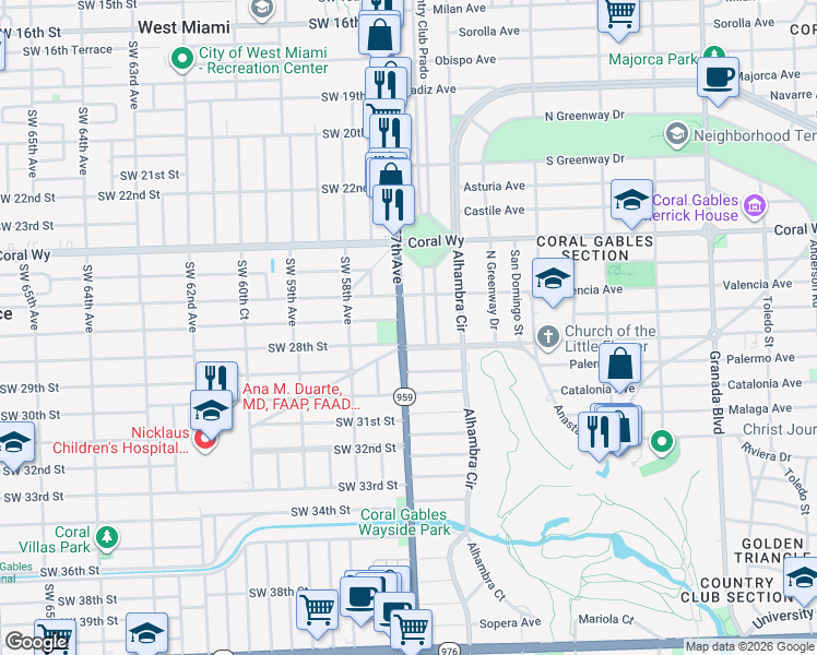 map of restaurants, bars, coffee shops, grocery stores, and more near 2616 Red Road in Miami