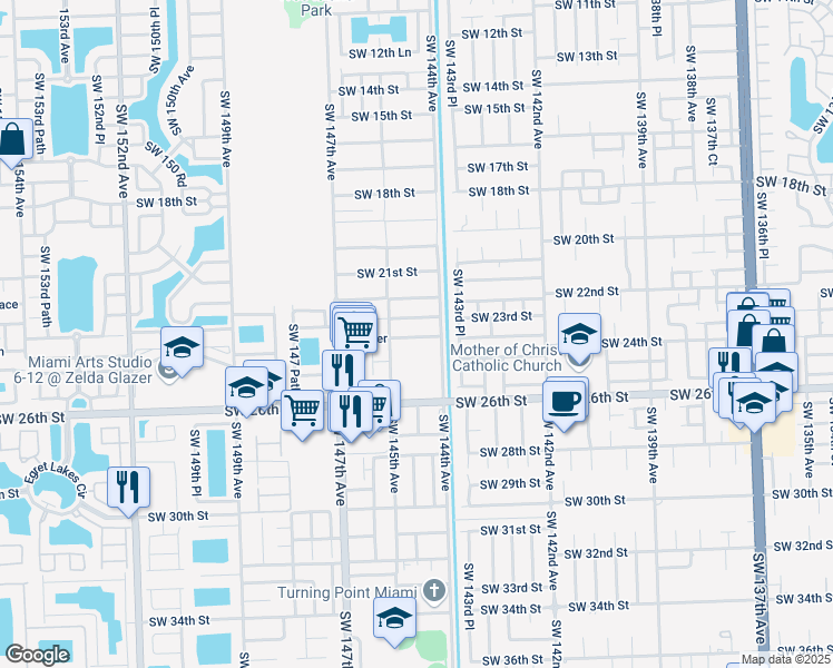 map of restaurants, bars, coffee shops, grocery stores, and more near 14482 Southwest 22nd Terrace in Miami