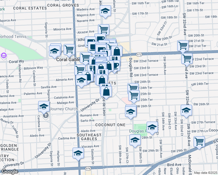 map of restaurants, bars, coffee shops, grocery stores, and more near 122 Sevilla Avenue in Coral Gables