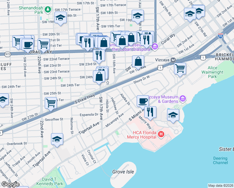 map of restaurants, bars, coffee shops, grocery stores, and more near 1635 Nethia Drive in Miami