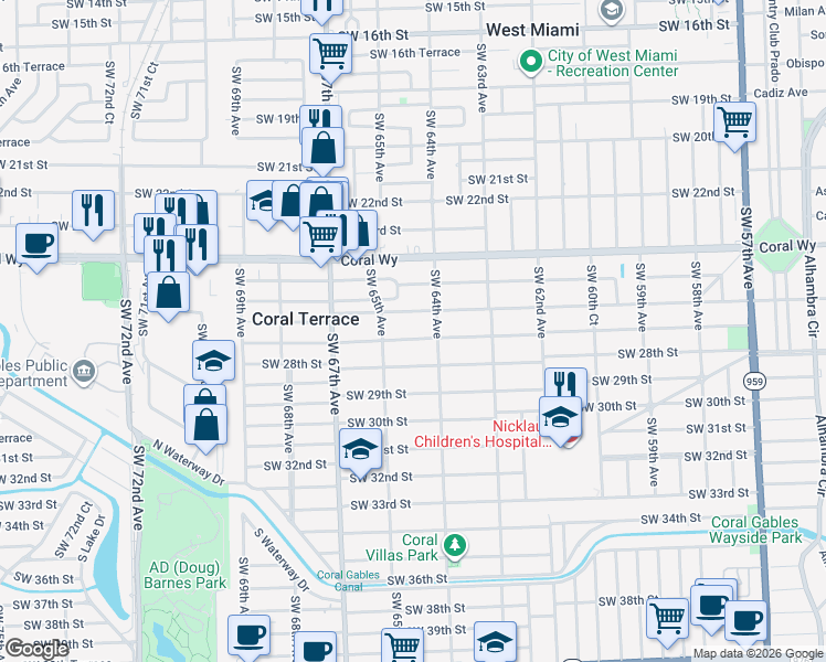 map of restaurants, bars, coffee shops, grocery stores, and more near in Coral Terrace
