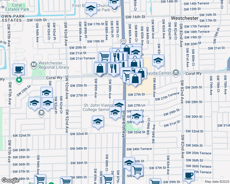 map of restaurants, bars, coffee shops, grocery stores, and more near 8760 Southwest 25th Street in Miami