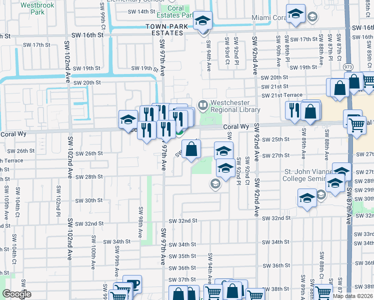 map of restaurants, bars, coffee shops, grocery stores, and more near 9460 Southwest 25th Drive in Miami
