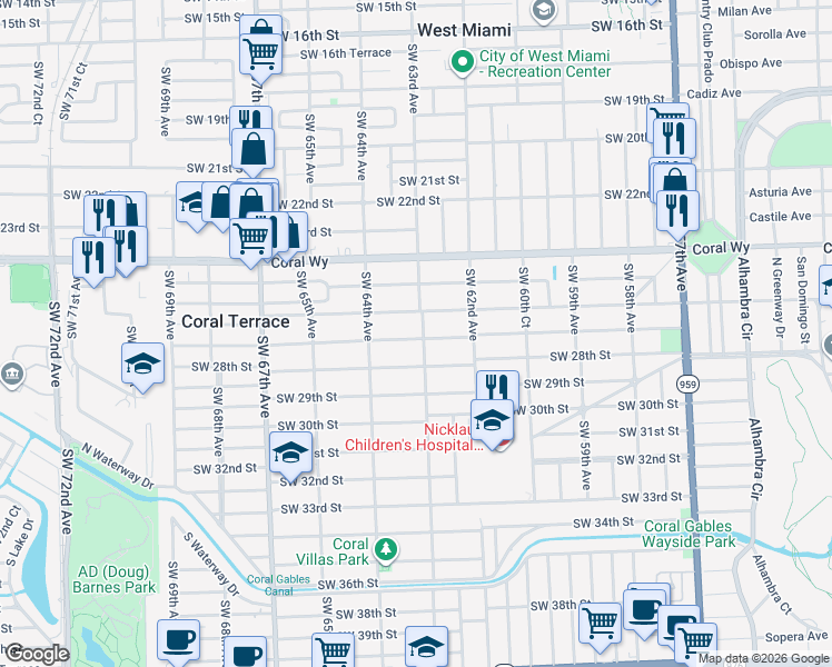 map of restaurants, bars, coffee shops, grocery stores, and more near 6330 Southwest 26th Street in Miami