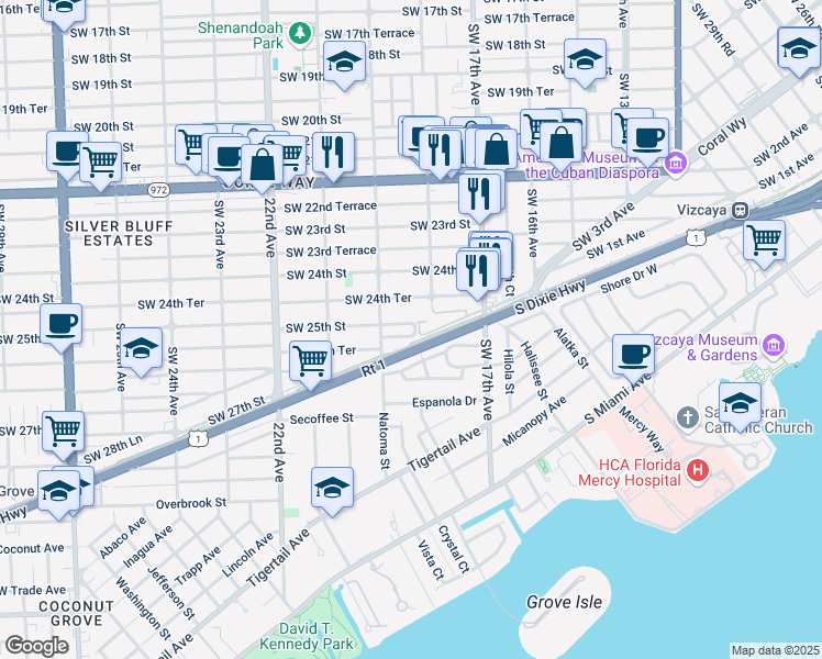 map of restaurants, bars, coffee shops, grocery stores, and more near 1837 Southwest 25th Street in Miami