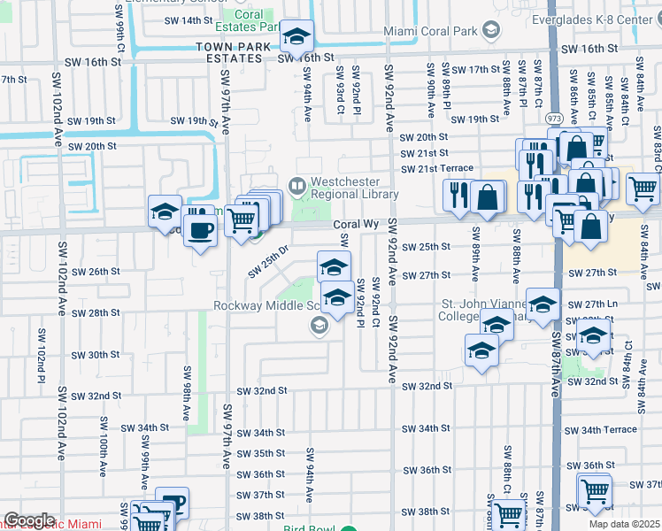 map of restaurants, bars, coffee shops, grocery stores, and more near 9340 Southwest 26th Street in Miami