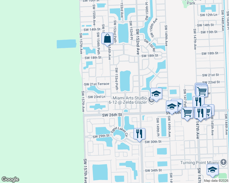 map of restaurants, bars, coffee shops, grocery stores, and more near 15378 Southwest 153rd Path in Miami