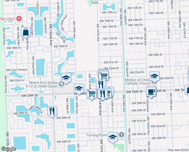 map of restaurants, bars, coffee shops, grocery stores, and more near 2254 Southwest 147th Court in Miami