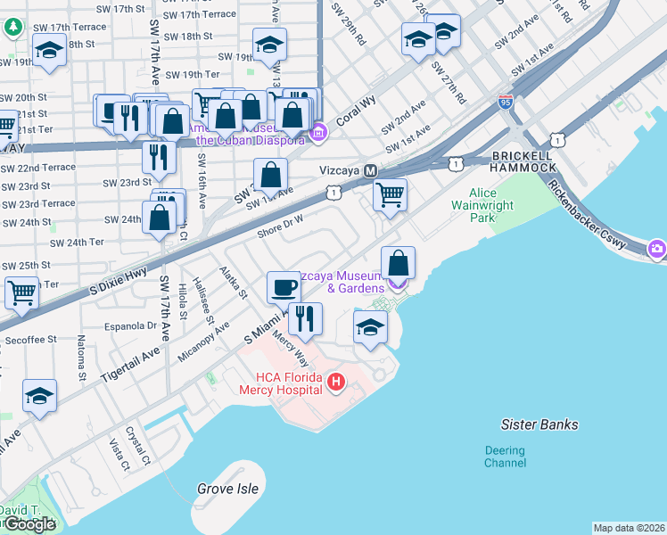 map of restaurants, bars, coffee shops, grocery stores, and more near 20 Bay Heights Drive in Miami