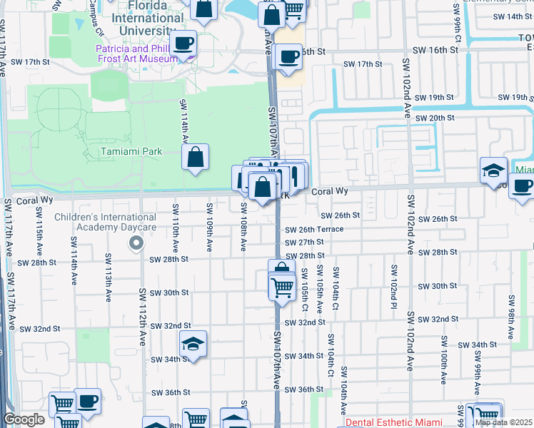 map of restaurants, bars, coffee shops, grocery stores, and more near 2500 Southwest 107th Avenue in Miami