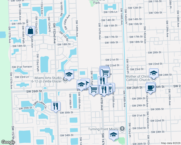 map of restaurants, bars, coffee shops, grocery stores, and more near 2249 Southwest 148th Court in Miami