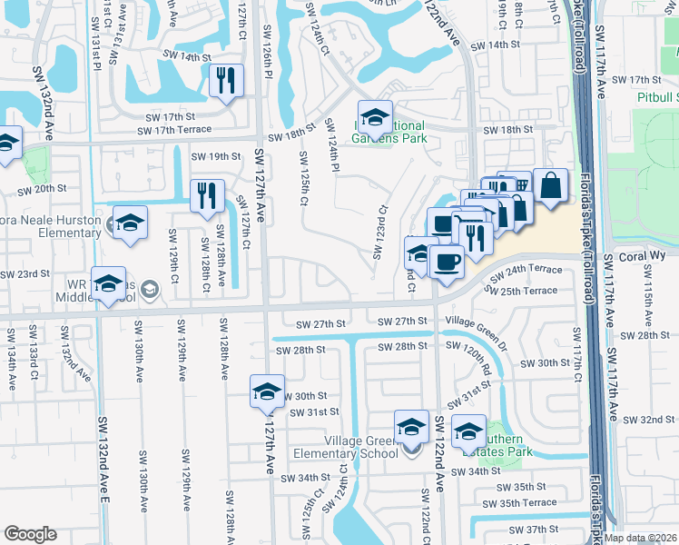 map of restaurants, bars, coffee shops, grocery stores, and more near 2411 Southwest 124th Avenue in Miami