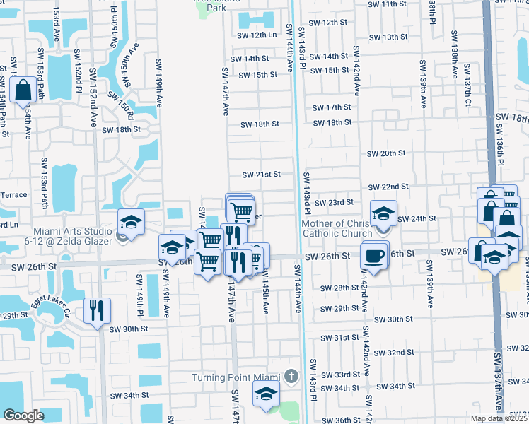 map of restaurants, bars, coffee shops, grocery stores, and more near 14482 Southwest 22nd Terrace in Miami