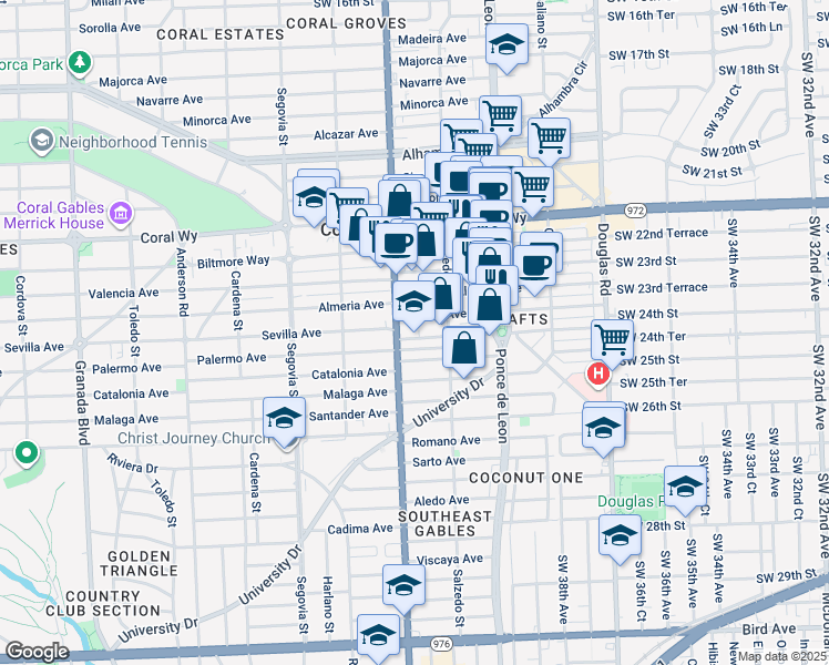 map of restaurants, bars, coffee shops, grocery stores, and more near 368 Sevilla Avenue in Coral Gables