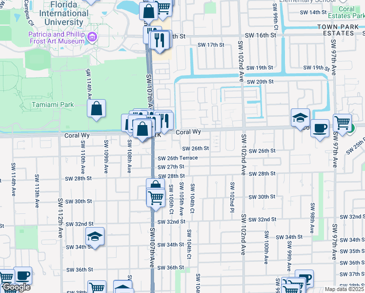 map of restaurants, bars, coffee shops, grocery stores, and more near 2500 Southwest 105th Avenue in Miami