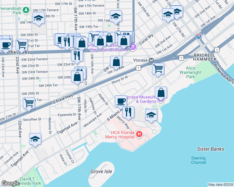 map of restaurants, bars, coffee shops, grocery stores, and more near 20 Pinta Road in Miami