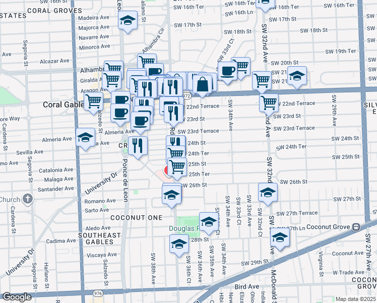 map of restaurants, bars, coffee shops, grocery stores, and more near 3654 Southwest 24th Street in Miami