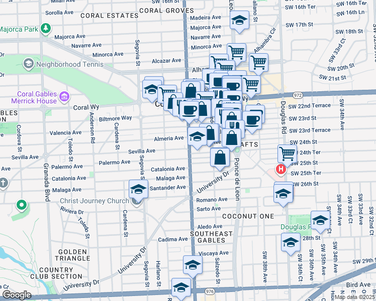 map of restaurants, bars, coffee shops, grocery stores, and more near 368 Sevilla Avenue in Coral Gables