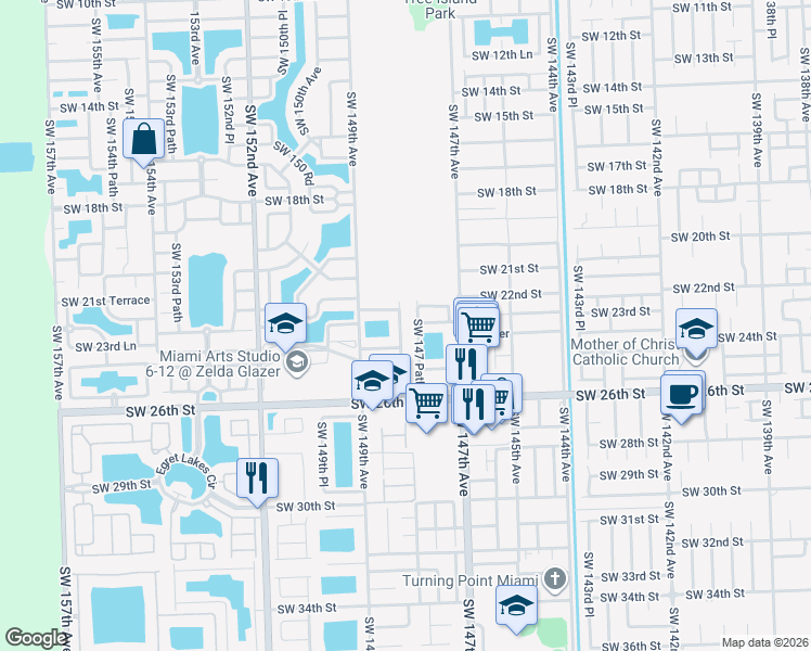 map of restaurants, bars, coffee shops, grocery stores, and more near 2249 Southwest 148th Court in Miami