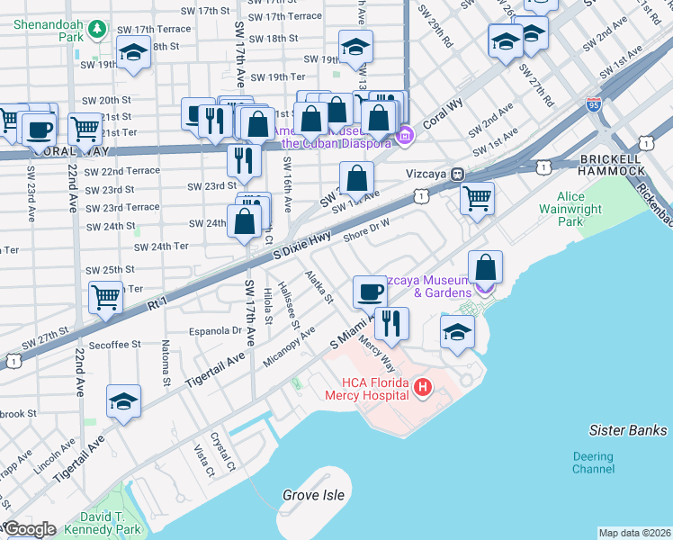 map of restaurants, bars, coffee shops, grocery stores, and more near 20 Pinta Road in Miami