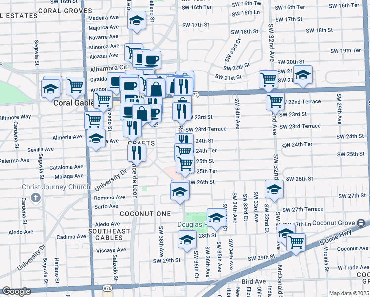 map of restaurants, bars, coffee shops, grocery stores, and more near 2850 Southwest 37th Avenue in Miami