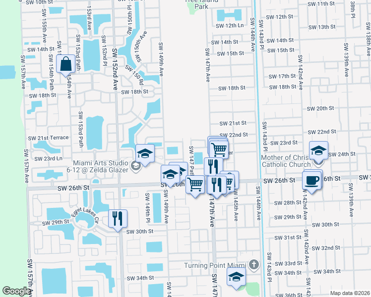 map of restaurants, bars, coffee shops, grocery stores, and more near 2249 Southwest 148th Court in Miami