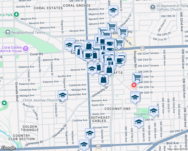 map of restaurants, bars, coffee shops, grocery stores, and more near 368 Sevilla Avenue in Coral Gables