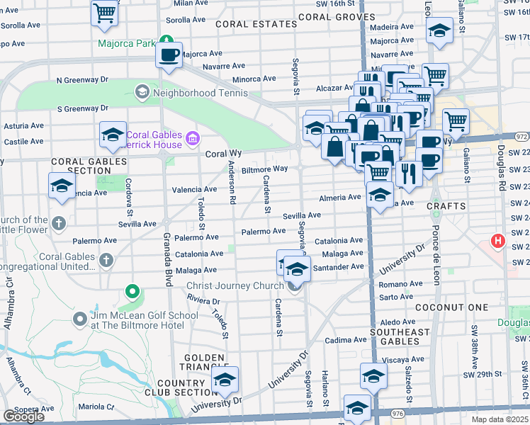 map of restaurants, bars, coffee shops, grocery stores, and more near 732 Almeria Avenue in Coral Gables