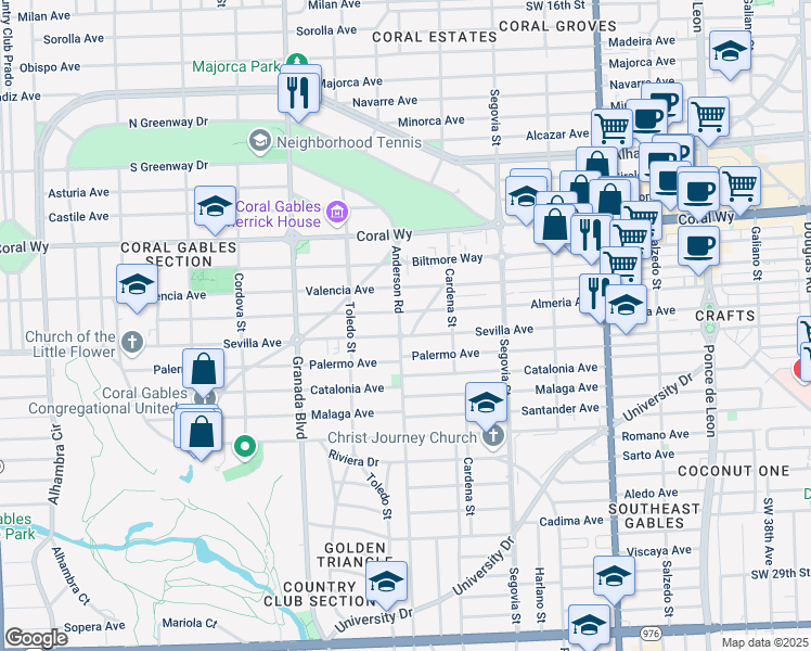 map of restaurants, bars, coffee shops, grocery stores, and more near 2700 Anderson Road in Coral Gables