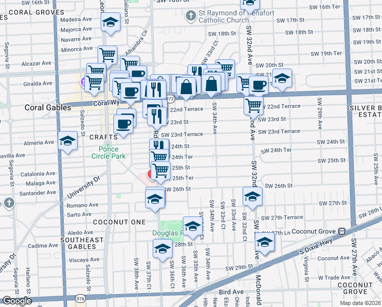 map of restaurants, bars, coffee shops, grocery stores, and more near 3551 Southwest 24th Terrace in Miami