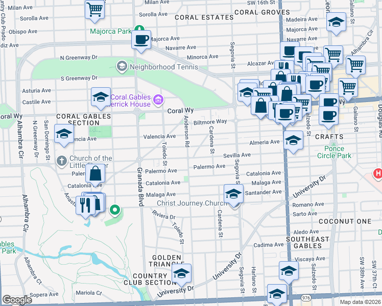 map of restaurants, bars, coffee shops, grocery stores, and more near 2700 Anderson Road in Coral Gables