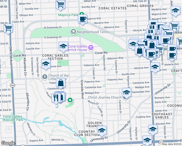 map of restaurants, bars, coffee shops, grocery stores, and more near 840 Almeria Avenue in Coral Gables