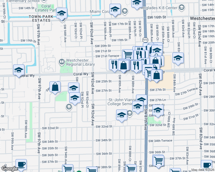 map of restaurants, bars, coffee shops, grocery stores, and more near 2601 Southwest 90th Avenue in Miami