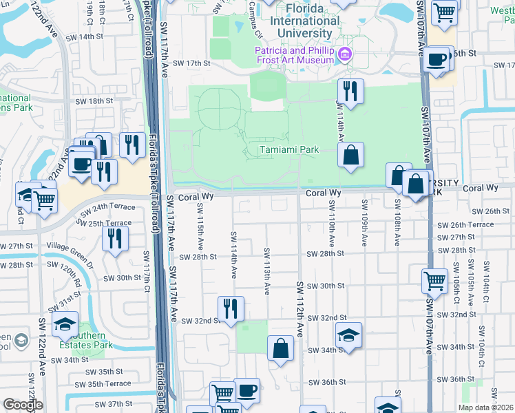 map of restaurants, bars, coffee shops, grocery stores, and more near 11300 Southwest 24th Terrace in Miami