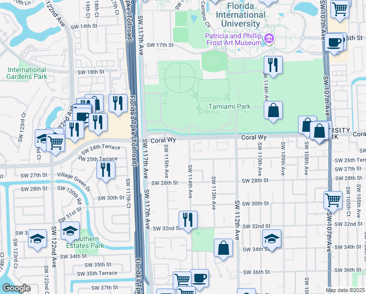 map of restaurants, bars, coffee shops, grocery stores, and more near 11420 Southwest 24th Street in Miami