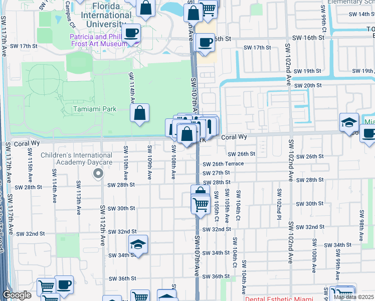 map of restaurants, bars, coffee shops, grocery stores, and more near 2500 Southwest 107th Avenue in Miami