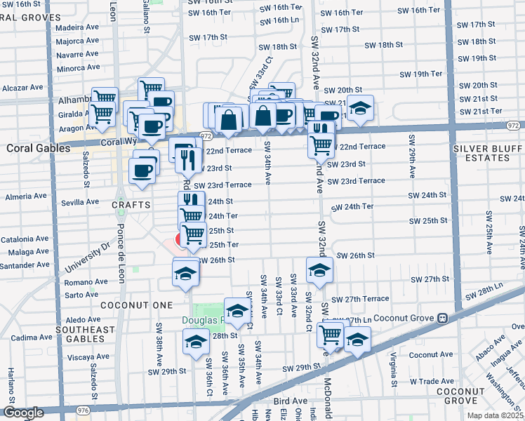 map of restaurants, bars, coffee shops, grocery stores, and more near 3430 Southwest 24th Street in Miami